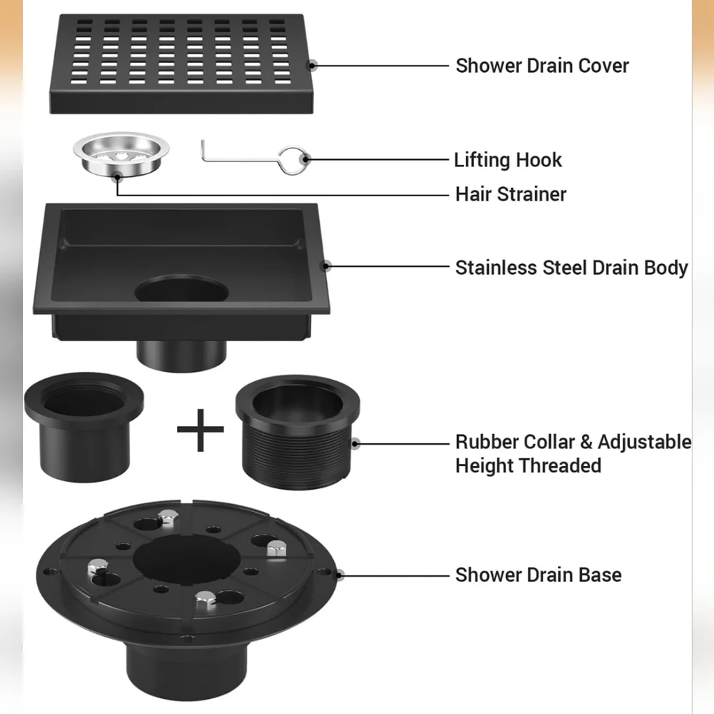 Webang 4 X 4 Inch Square Shower Floor Drain Black Stainless Steel Matte